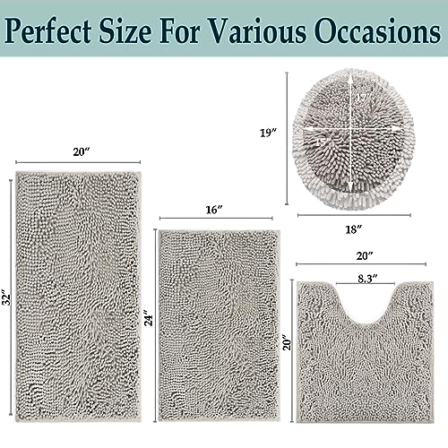 Bathroom Rugs Sets 4 Piece, Extra Soft Absorbent Chenille Bath Rugs, Non Slip Rubber Backing Machine Washable Quick Dry Bath Mats for Bathroom Floor, Tub, Shower, Home Decor Accessories, Light Grey - color: Light Gray