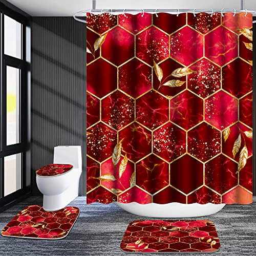 Poedist 4 Pcs Bathroom Shower Curtain Set,Red Honeycomb Marble Bathroom Sets with Rugs(Bath Mat,U Shape and Toilet Lid Cover Mat) and 12 Durable Hooks - color: Red