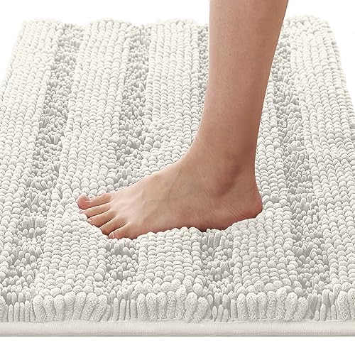 H.VERSAILTEX Bath Rugs for Bathroom Non Slip Bath Mats Extra Thick Chenille Striped Rug 20" x 32" Absorbent Non Skid Fluffy Soft Shaggy Washable Dry Fast Plush Mat for Indoor, Bath Room, Tub - Cream - color: Cream, size: 20" x 32"