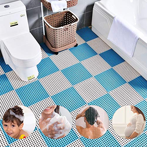 12 Pack 11.8" x 11.8" Interlocking Floor Tiles with Drain Holes Soft PVC Non Slip Shower Floor Mat Modular Interlocking Cushion Mat for Drain, Pool, Patio, Balcony, Kennel, Poultry, Floor Grid, Blue - color: Blue