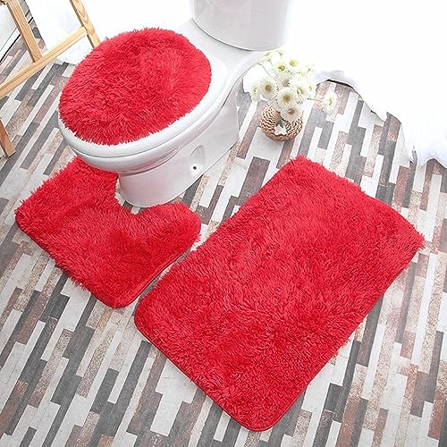 Soft Bathroom Carpet 3 Piece Bathroom Rugs and Mats Set Bath Mats Set with U-Shaped Toilet Floor Mat Rugs andToilet Lid Cover Mat (red) - color: Red