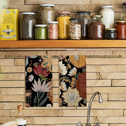 Abstract Floral Kitchen Dish Towels - Vintage Waffle Weave Kitchen Towels, Retro Flower Waffle Weave Decorative Kitchen Towels, Boho Hand Towels for Bathroom (16×24 Inches) - color: Retro Flower