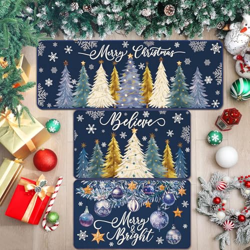 Drydiet 3 Pcs Winter Kitchen Rug and Mat Set Washable Blue Tree Kitchen Floor Mats Waterproof Non Slip Farmhouse Merry Christmas Doormat Holiday Xmas Decor for Home Office Bathroom Party Decor - color: Blue, style: Christmas Tree