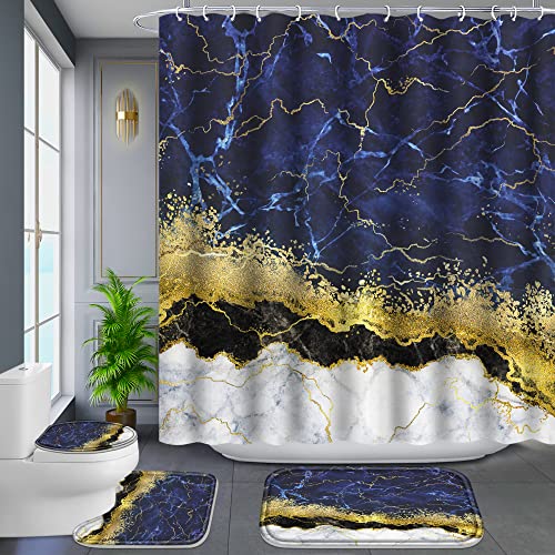Poedist 4 Pcs Gold Edge Marble Bathroom Shower Curtain Set, Bathroom Sets with Shower Curtain and Rugs(Bath Mat,U Shape and Toilet Lid Cover Mat) and 12 Hooks-Blue - color: Blue Yellow Black