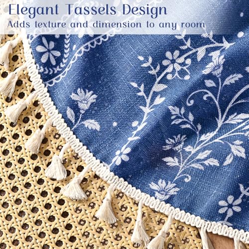 Yinhua Boho Curtains for Living Room 63 Inch Length Vintage Linen Blue Curtains for Bedroom Light Filtering Floral Window Curtain Rod Pocket & Back Tabs Farmhouse Rustic Tassel Drapes with Tiebacks - color: Blue, size: 52"W x 63"L (Pack of 2)