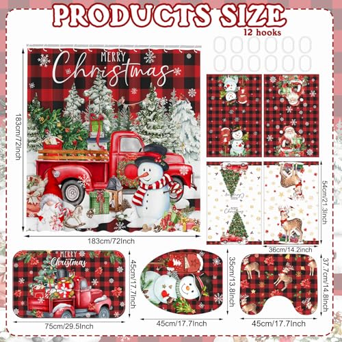 FuWeave 8 Pcs Christmas Shower Curtain Set Xmas Santa Bathroom Decoration Christmas Tree Hand Towels Snowman Toilet Lid Cover Bathroom Rugs Xmas Shower Curtain with Hooks(Buffalo Plaid) - color: Buffalo Plaid