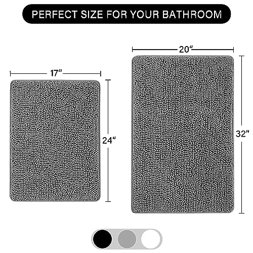 LOCHAS Bathroom Rugs Sets 2 Piece, 17 x 24 Plus 20 x 32 Inches Thick Non Slip Bath Rug Set, Absorbent Soft Chenille Bath Rug, Machine Washable Quick Dry Bath Mat for Bathroom Floor, Grey - color: Grey, size: 1'5" x 2' (Rectangular)
