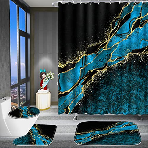 Poedist 4 Pcs Gold Edge Marble Bathroom Shower Curtain Set, Bathroom Sets with Shower Curtain and Rugs(Bath Mat,U Shape and Toilet Lid Cover Mat) and 12 Hooks-Sky Blue - color: Blue Yellow