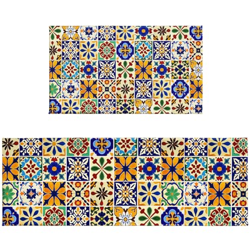 Colorful Rugs for Kitchen Floor 2 Pcs Boho Ceramic Washable Runner Rug Non Slip 17"x47"+17"x30", Mexican Tile Print Comfort Kitchen Floor Mat for Bathroom Laundry Office Decor - color: Colorful Ceramic