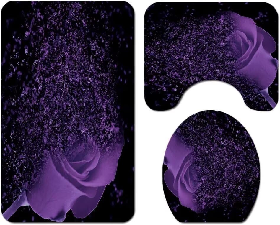Yddsky 4 Pcs Purple Rose Shower Curtain Sets with Rugs Black Bathroom Sets with Shower Curtain and Rugs Modern Bathroom Curtains Shower Set with Toilet Lid Cover for Women Bathroom Decor Accessories - color: Rose Decoration 05
