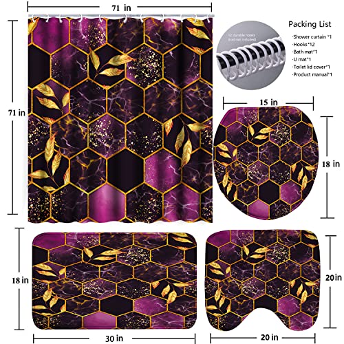 Poedist 4 Pcs Bathroom Shower Curtain Set,Purple Honeycomb Marble Bathroom Sets with Rugs(Bath Mat,U Shape and Toilet Lid Cover Mat) and 12 Durable Hooks - color: Purple