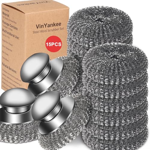 15Pcs Steel Wool Scrubber with Replacement Wire Sponge Pads Set, Stainless Steel Scrubber with Handle for Scouring Messes from Cast Iron, Frying pan, Pots, Pans, Grill, Stoves, Sink - size: 3 Handle+12 Pads