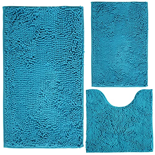Bathroom Rugs Chenille 3-Piece Extra Soft and Absorbent Shag Bathroom Rugs, Machine Wash Mat, Strong PVC Non-Slip Underside, Plush Carpet Mats (Turquoise) - color: Turquoise, size: 2'8" x 1'8" (16x24"+20x32"+20x20"U shape）