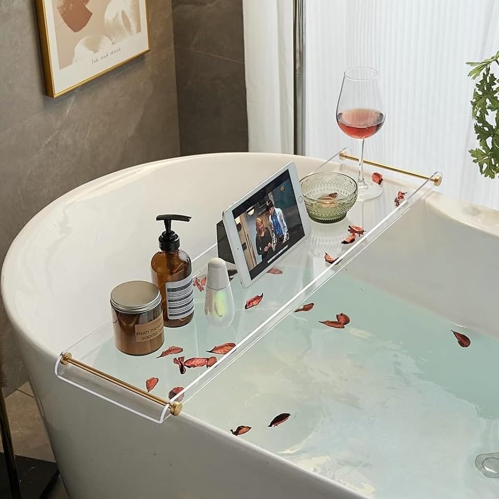 Beelee Clear Acrylic Bathtub Tray, Gold Rail Waterproof Tub Caddy Accessory | Sturdy Transparent Panel, Holds Reading Materials, Cell Phones and Wine Glasses, Ideal Spa Decor and Premium Gift for Women