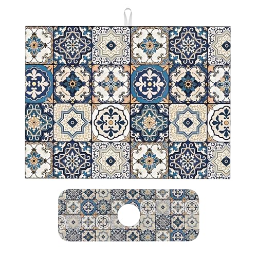 2Pcs Dish Drying Mats Faucet Mats Sets Large Size Coffee Mats Sink Faucet Mat Splash Guard for Kitchen Counter Bathroom Sink Coffee Bar Kitchen Decor (Blue Boho, 18"x24" 15" x 5.5"Set) - color: Blue Boho