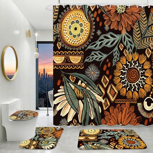 16 Pcs Shower Curtain Set with Rugs Boho and Metal Hooks Bath Mat 120gsm Heavy Weight Fabric Shower Curtains Bathroom Sets Decor Non-Slip Bathroom Rug and Bath Curtain Set 72 x 72 Inch,H-Boho - color: Boho