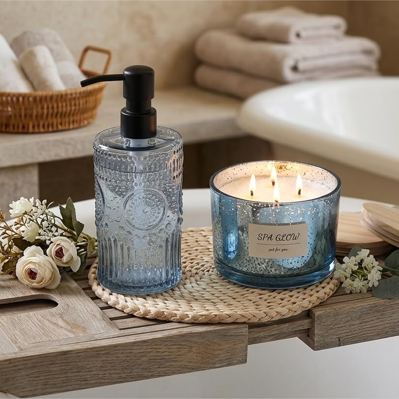17 OZ Sunflower Embossed Glass Soap Dispenser - 2 Pack, with 304 Rust Proof Stainless Steel Pump, Glass Soap and Lotion Dispenser Set, Liquid Hand Soap Dispenser for Home, Kitchen & Bathroom (Blue) - color: Bule