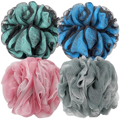 DadyMart Bath Shower Loofah Sponge 60g Bath Mesh Pouf Shower Ball Body Scrubber Exfoliating Bath Sponge for Women and Men, Set of 4, Blue - style: Blue