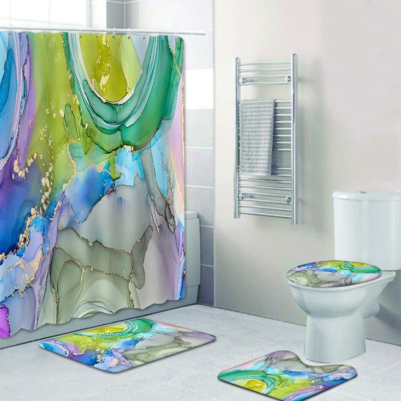Marble Bathroom Sets with Rugs for Bathroom Decor, 72x72 Inches Gold Shower Curtain with Non-Slip Rugs and Accessories, Waterproof Machine Washable Bath (Curtain Set-Colored Gold Marble14) - color: Curtain Set-colored Gold Marble14
