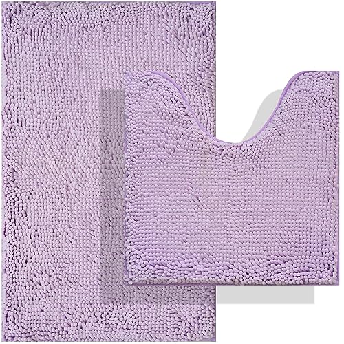 BOANKODU Bath Mat Set, 2-Piece Very Soft Chenille Bathroom Rugs, Non-Slip, Machine Washable (Lavender, 32x20 Inch U-Shaped + 20x20 Inch) - color: Lavender, size: 20" x 32" + 20" x 20" (U-Shape)
