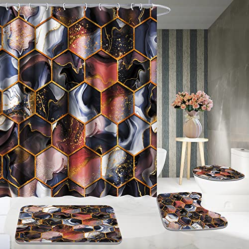 Poedist 4 Pcs Bathroom Shower Curtain Set,Purple Honeycomb Marble Bathroom Sets with Rugs(Bath Mat,U Shape and Toilet Lid Cover Mat) and 12 Durable Hooks - color: Brown