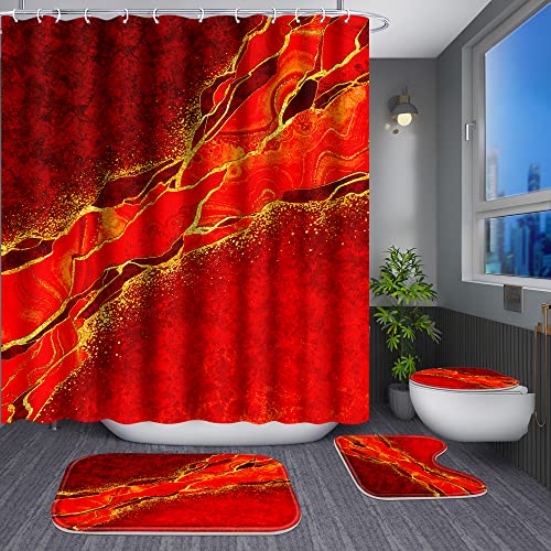 Poedist 4 Pcs Gold Edge Marble Bathroom Shower Curtain Set, Bathroom Sets with Shower Curtain and Rugs(Bath Mat,U Shape and Toilet Lid Cover Mat) and 12 Hooks-Red - color: Red Yellow