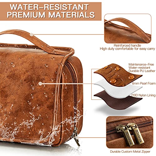 Elviros Hanging Travel Toiletry Bag Gift for Men，Mens Toiletries Bag Gifts Set Shaving Dopp Kit Water-resistant Bathroom Toiletries Organizer PU Leather Cosmetic Bags 2 Pack - color: Brown, size: 2 Piece