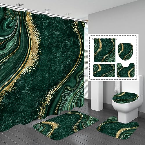 Gibelle 4 Pcs Luxury Marble Shower Curtain Set with Non-Slip Rugs, Toilet Lid Cover and Bath Mat, Gold Foil Emerald Green Bathroom Decor Set with Shower Curtain and Rugs and Accessories - color: Emerald Green