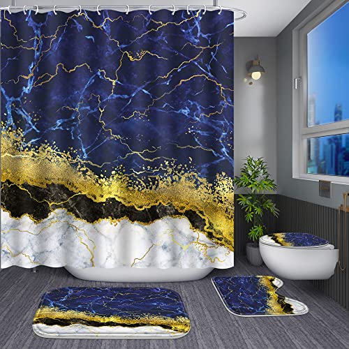 Poedist 4 Pcs Gold Edge Marble Bathroom Shower Curtain Set, Bathroom Sets with Shower Curtain and Rugs(Bath Mat,U Shape and Toilet Lid Cover Mat) and 12 Hooks-Blue - color: Blue Yellow Black