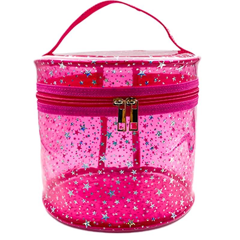 Waterproof Pink Star PVC Makeup Bag - 7.1x6.3in Barrel Cosmetic Organizer with Zipper, Portable Toiletry Pouch for Women & Men (Pink) - color: Pink