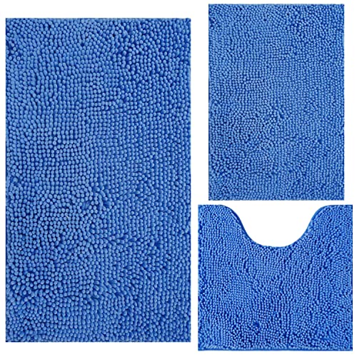 Bathroom Rugs Chenille 3-Piece Extra Soft and Absorbent Shag Bathroom Rugs, Machine Wash Mat, Strong PVC Non-Slip Underside, Plush Carpet Mats (Snow Cyan) - color: Snow Cyan, size: 2'8" x 1'8" (16x24"+20x32"+20x20"U shape）