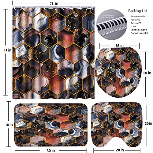 Poedist 4 Pcs Bathroom Shower Curtain Set,Purple Honeycomb Marble Bathroom Sets with Rugs(Bath Mat,U Shape and Toilet Lid Cover Mat) and 12 Durable Hooks - color: Brown