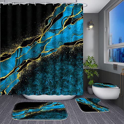 Poedist 4 Pcs Gold Edge Marble Bathroom Shower Curtain Set, Bathroom Sets with Shower Curtain and Rugs(Bath Mat,U Shape and Toilet Lid Cover Mat) and 12 Hooks-Sky Blue - color: Blue Yellow