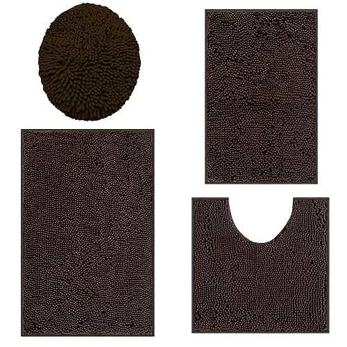 Bathroom Rugs Sets 4 Piece, Extra Soft Absorbent Chenille Bath Rugs, Non Slip Rubber Backing Machine Washable Quick Dry Bath Mats for Bathroom Floor, Tub, Shower, Home Decor Accessories, Brown - color: Dark Brown