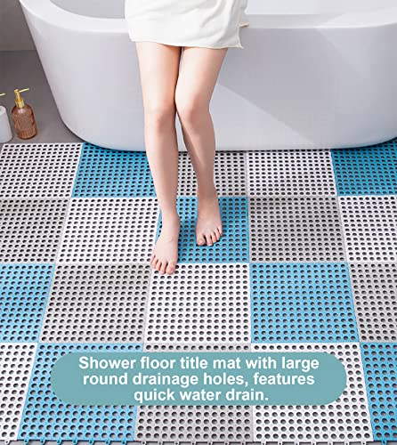 12 Pack 11.8" x 11.8" Interlocking Rubber Floor Tiles Drainage Mat, Soft PVC Non Slip Shower Floor Mat with Drain Hole for Flooring, Rubber Floor Mat for Pool, Patio, Balcony, Kennel, Basement - color: White+blue