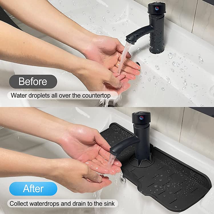 2Pcs Silicone Kitchen Sink Splash Guard Faucet Handle Drip Catcher Tray Mat For Kitchen Counter Bathroom Kitchen (Black) - color: Black