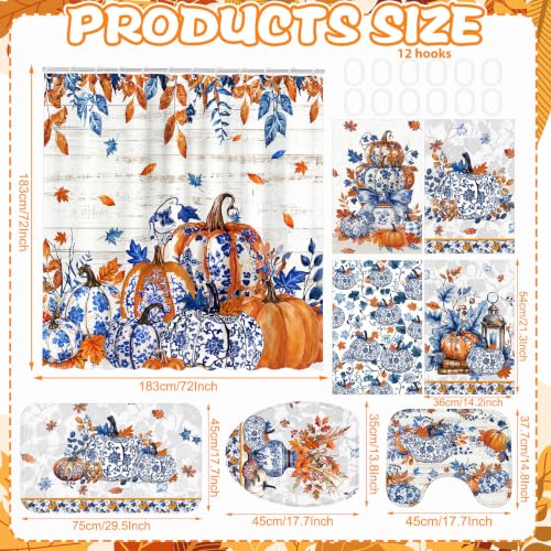 FuWeave 8 Pcs Fall Pumpkin Shower Curtain Set for Bathroom Decor Include Blue and White Chinoiserie Autumn Shower Curtain Harvest Floral Towels Non Slip Rugs Toilet Lid Cover Bath Mat and 12 Hooks - color: Fall Pumpkin