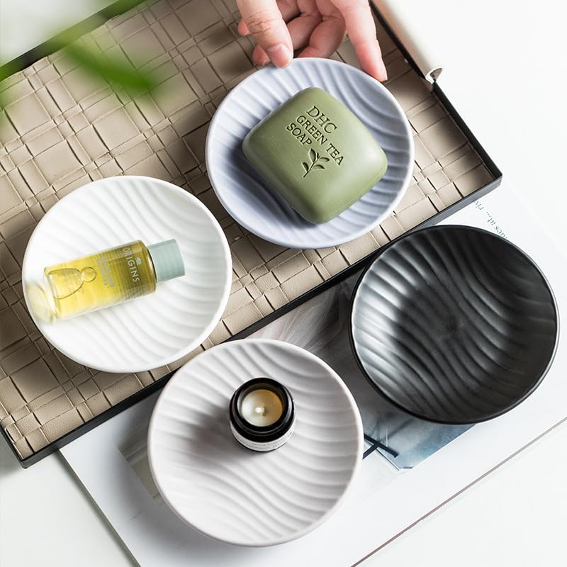 Chic Round Soap Dish, Modern Minimalist Striped Design Ceramic Tray(Oatmeal) - color: Oatmeal