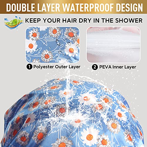Reusable Shower Cap, Hair Cap, Oversized Waterproof Shower Caps Large Designed for all Hair Lengths with PEVA Lining & Elastic Band Stretch Shower Hat - Blue Flower Shower Caps for Women - color: Blue Flower, size: X-Large