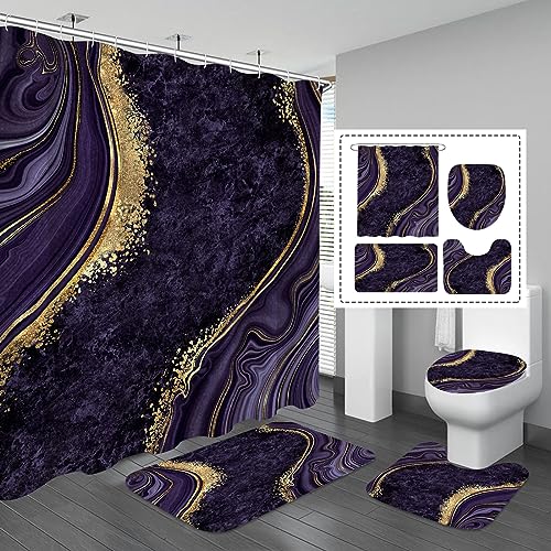 Gibelle 4 Pcs Luxury Marble Shower Curtain Set with Non-Slip Rugs, Toilet Lid Cover and Bath Mat, Gold Foil Purple Bathroom Decor Set with Shower Curtain and Rugs and Accessories - color: Purple