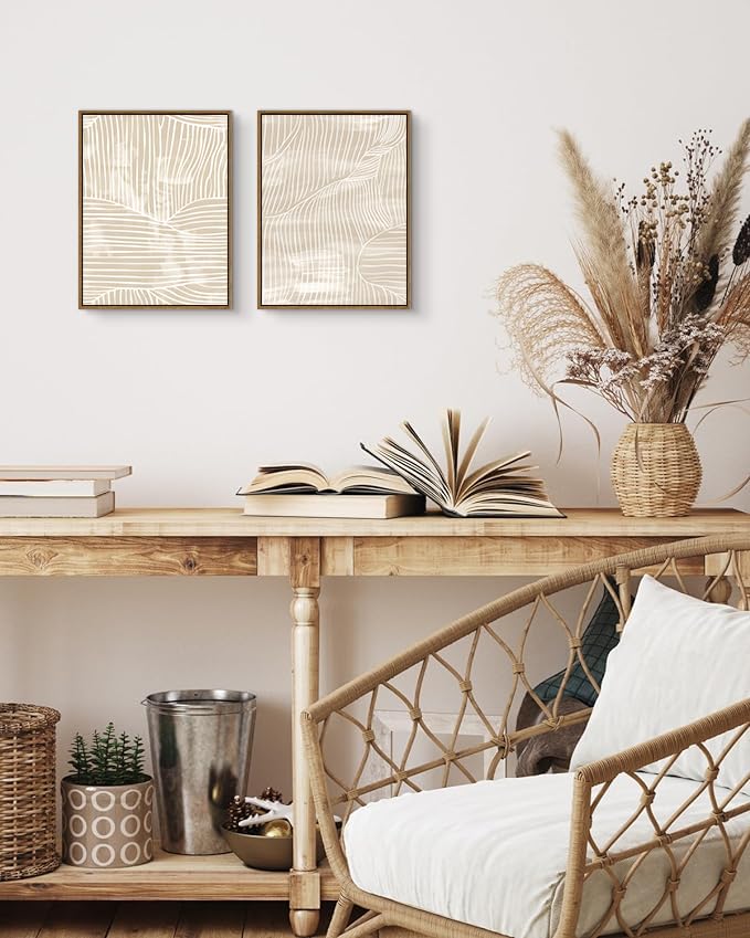 ARTZIO Framed Canvas Wall Art–Abstract Mid‑Century Minimalist Boho Vintage Set of 2 Beige Prints,Ready to Hang for Living Room,Bedroom, Bathroom & Office–12×16″ - color: 2-PCS-2, size: 12"x16"