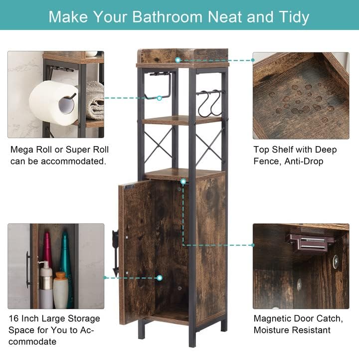 VECELO Small Bathroom Cabinet,Slim Toilet Paper Holder with Door&2 Shelves, Upgraded Narrow Storage Organizer for Restroom Bathroom Tiny Space,Metal Scroll Fenced Top Waterproof Coating,Brown