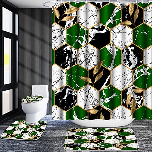 Poedist Shower Curtain Set with Rugs,Bathroom Accessory Set, Including Non-Slip Rugs,Toilet Lid Cover and Bath Mat, Waterproof Shower Curtain with 12 Hooks,Green and White Honeycomb Marble - color: Green White