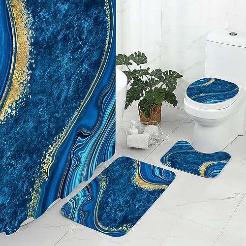 Gibelle 4 Pcs Luxury Marble Shower Curtain Set with Non-Slip Rugs, Toilet Lid Cover and Bath Mat, Gold Foil Blue Bathroom Decor Set with Shower Curtain and Rugs and Accessories - color: Blue