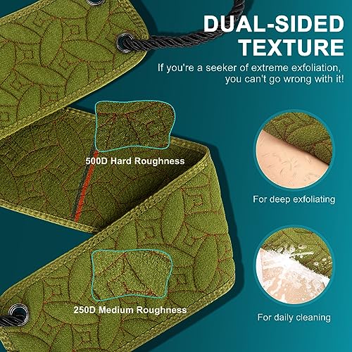 Exfoliating Back Scrubber for Use in Shower, 38.5 Inch Back Washer with Handles, Dual-Sided Body Exfoliator for Daily & Deep Skin Cleaning, Bath Back Scrub Washcloth for Men & Women (Green)