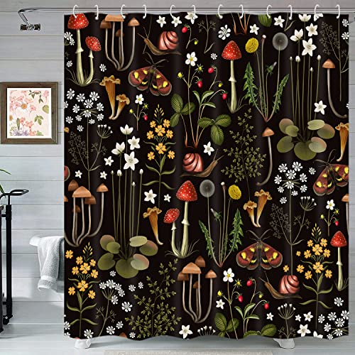 Retro Mushroom Shower Curtain for Bathroom, Fairy Forest Flowers Plants on Black Background Bath Curtains, Vintage Botanical Fabric Shower Curtain Sets with Hooks 72 x 72 - color: Red Black, size: 72"W x 72"L (Pack of 1)