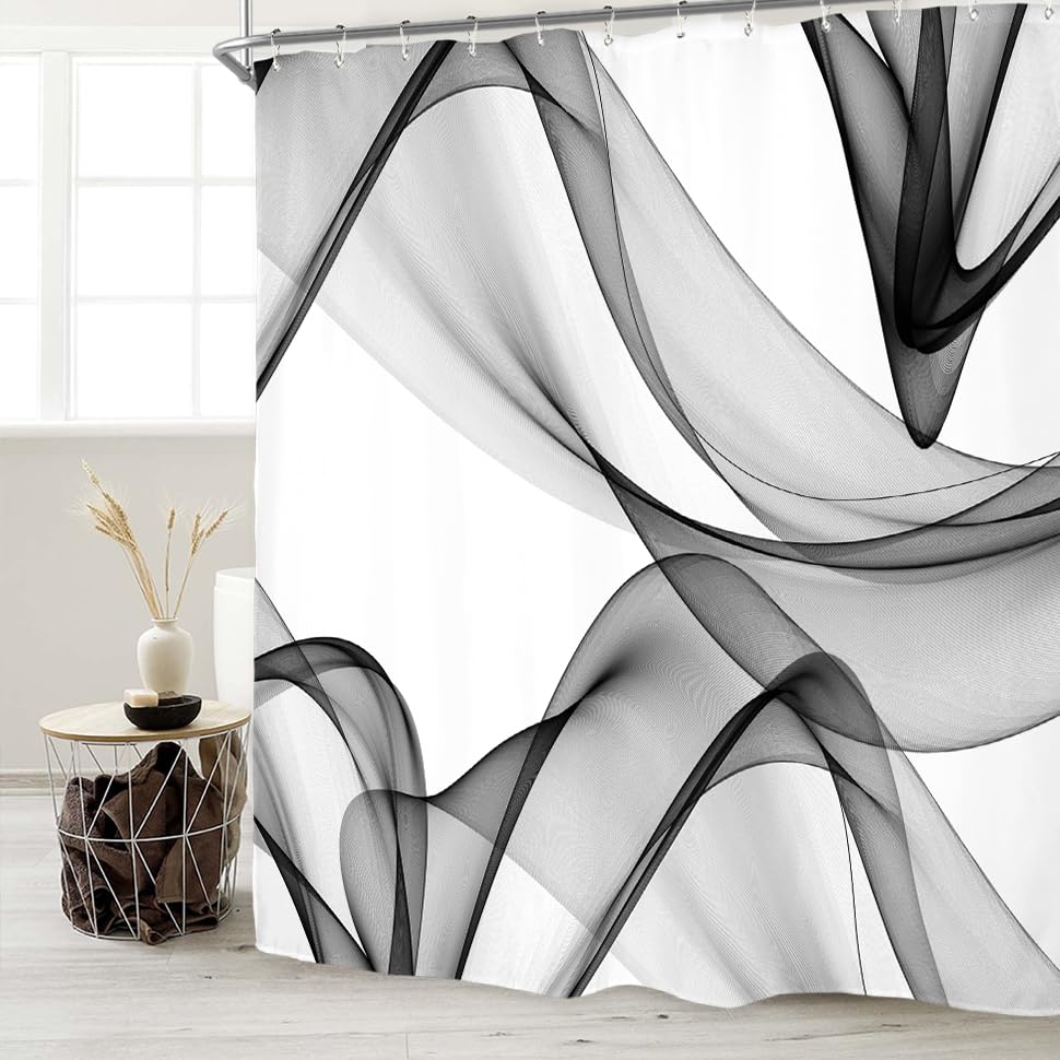 Miyotaa Black White Gray Shower Curtain Set 60Wx71H Inches Abstract Modern Contemporary Art Waves 3D Polyester Waterproof Bathroom Curtain with 12 Hooks - color: Black White Gray Waves, size: 60"W x 71"L (Pack of 1)