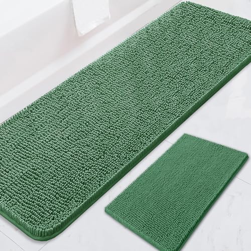 BOANKODU Bathroom RugsSets 2 Piece，59X24+16X24Inch，Absorbent Non-Slip Very Soft Chenille Mat,Machine Washable（Dark Green） - color: Dark Green, size: 59" x 24" + 16" x 24" (Rectangular)