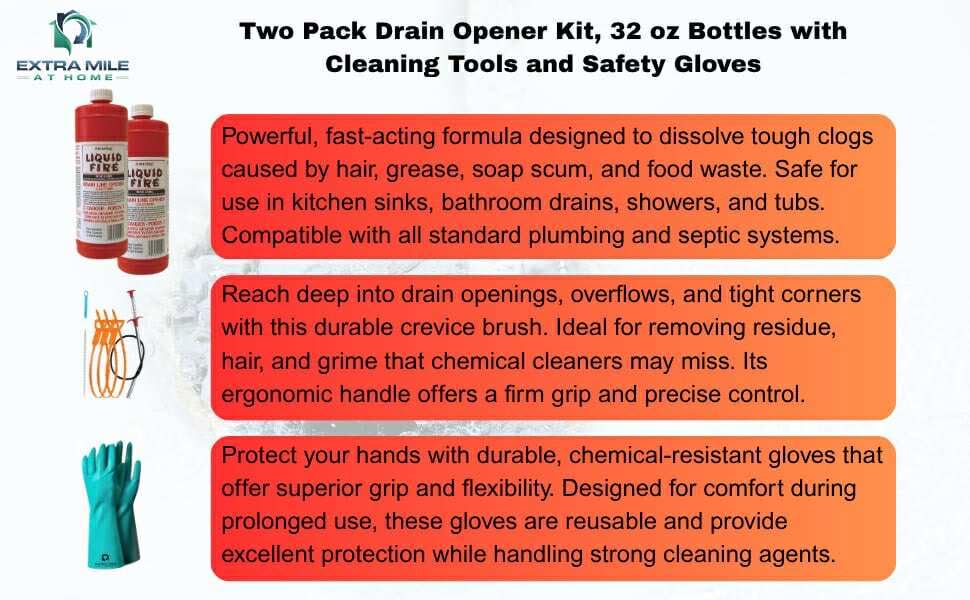 Drain Clog Remover Bundle with Two 32 fl oz Drain Cleaner Bottles, Cleaning Tools & Protective Gloves - 6 Items - Heavy-Duty Acid Formula for Tough Kitchen Sink & Shower Clogs