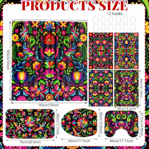 FuWeave 8 Pcs Mexico Floral Shower Curtain Set for Bathroom Decor Include Mexican Folk Art Floral Bird Shower Curtain Towels Non Slip Rugs Toilet Lid Cover Colorful Bohemian Bath Mat and 12 Hooks - color: Mexico Floral